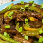 closeup of a plate of stir-fried beef and string beans over white rice