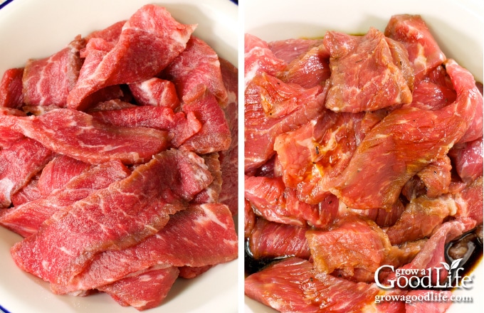 photos showing how to tenderize beef strips with baking soda and marinade the beef