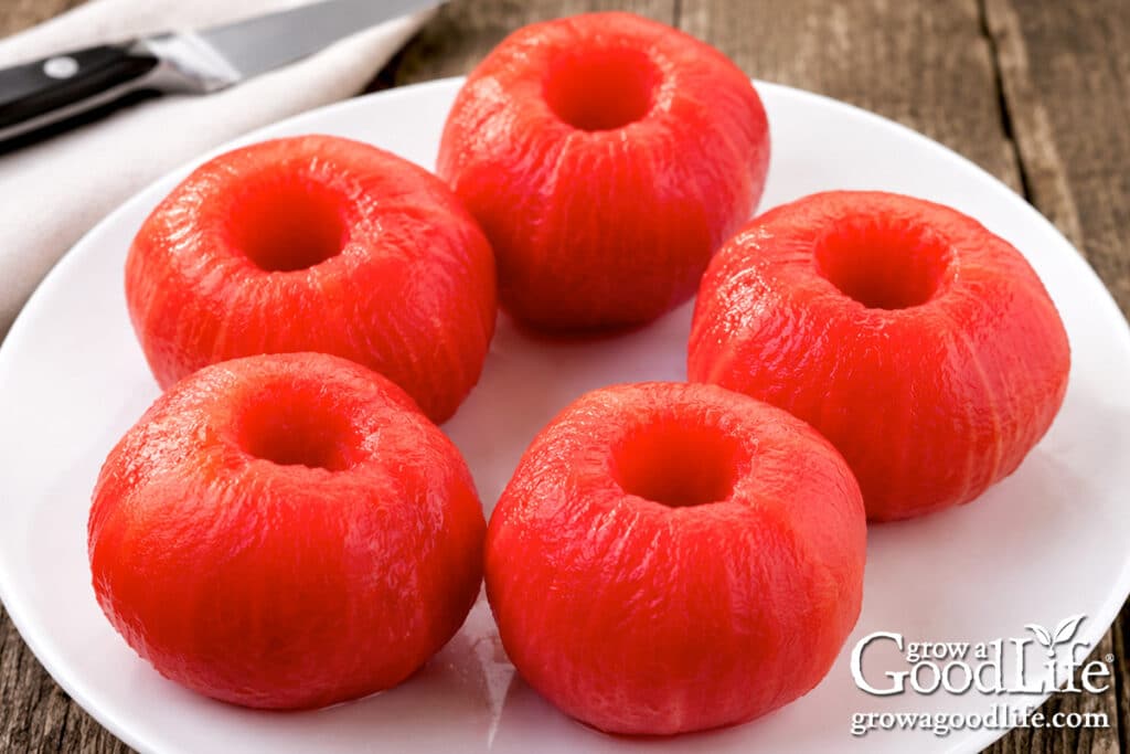 Peeled tomatoes ready to use for canning whole, crushed, stewed, or simmering into sauce.