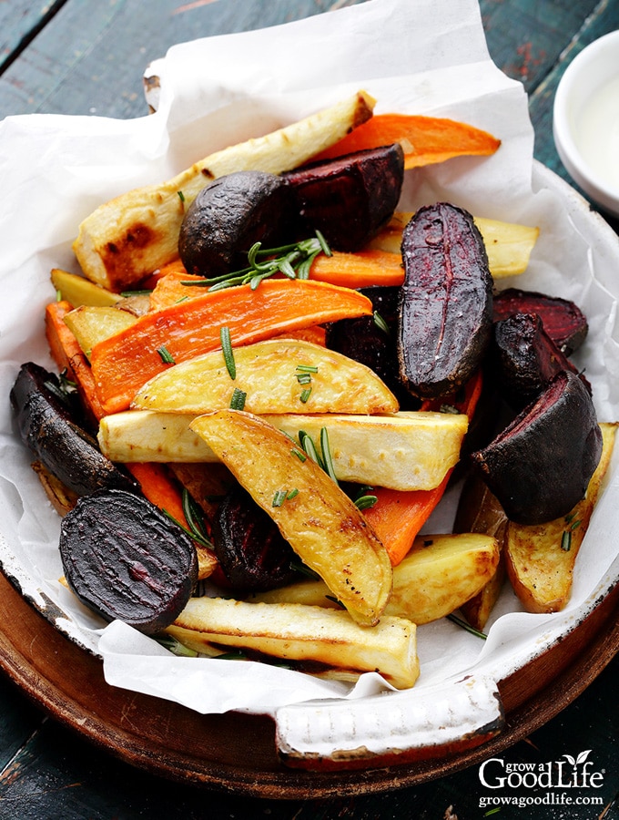 plate of roasted root vegetables on a table