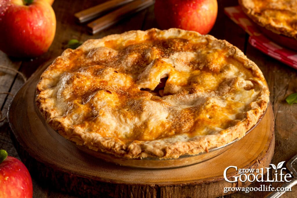 A freshly baked apple pie on a table.
