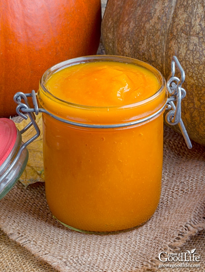 glass jar filled with homemade pumpkin puree