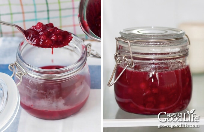 spooning the cranberry sauce into a jar for storing