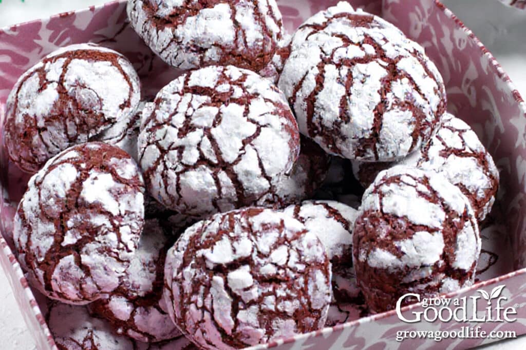 A maroon gift box filled with homemade chocolate crinkle cookies.