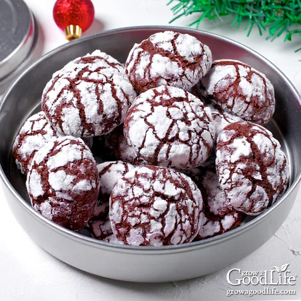 A silver cookie tin filled with homemade chocolate crinkle cookies.