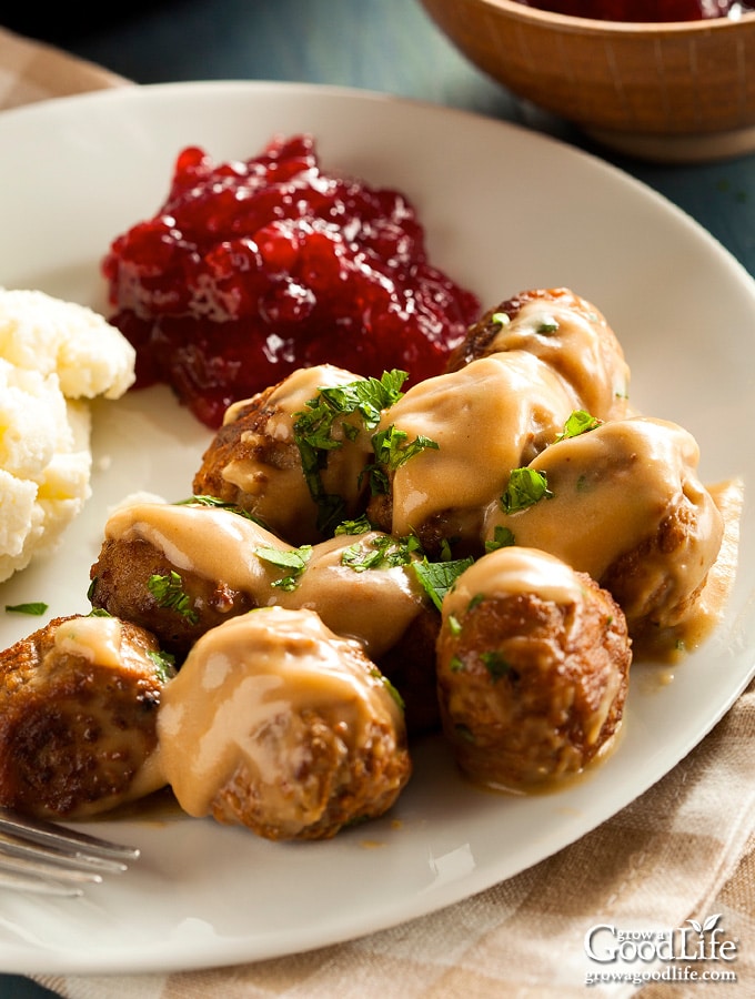 photo of a plate of Swedish meatballs, mashed potatoes, and cranberry sauce on a table