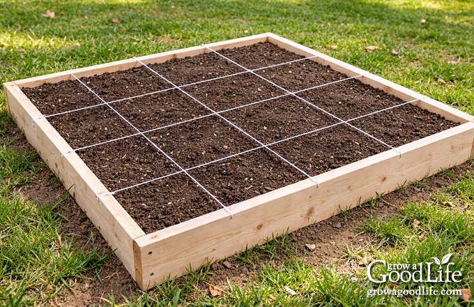 A grid dividing a square foot garden bed into one-foot sections.