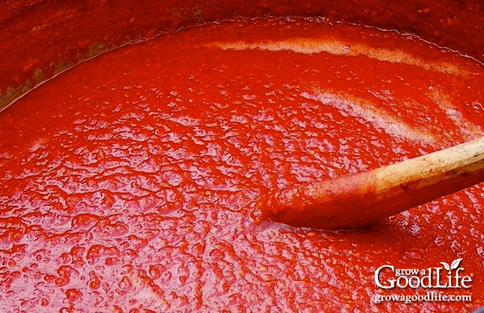 closeup image of thick tomato sauce in a pot