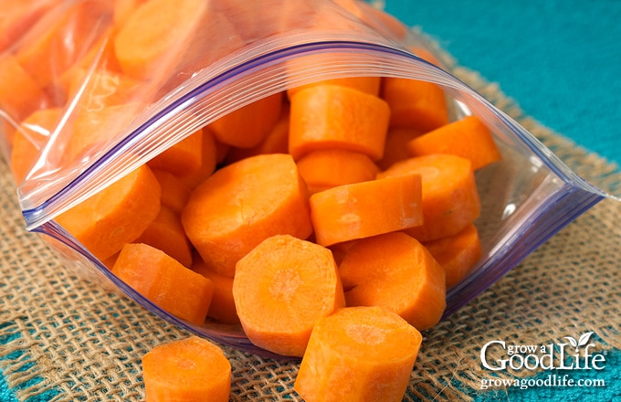 close up of frozen carrots in freezer bag