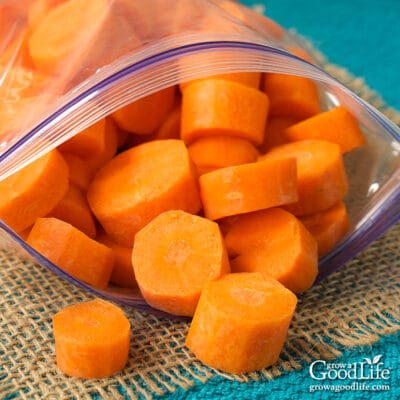 close up of frozen carrots in freezer bag