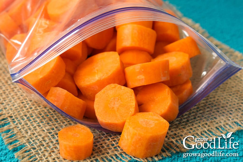 Carrot slices packed into a freezer bag for storage.