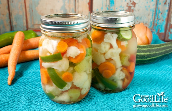 jars of home canned giardiniera on a table