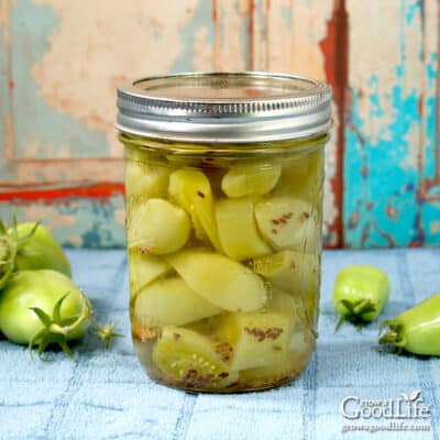 a jar of pickled green tomatoes on a table)