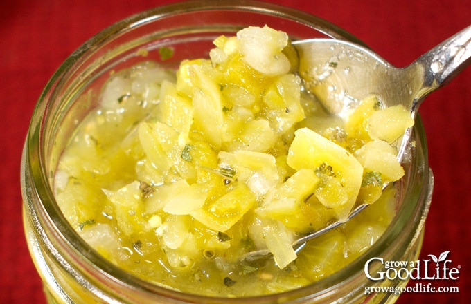 Close up of a spoonful of green tomato salsa verde.