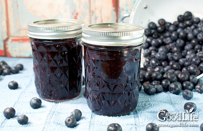 Jars of blueberry jam on a table.