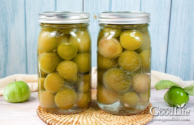 Two quart sized jars of home canned plain tomatillos on a table.