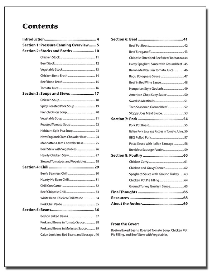 Table of contents page from the Grow a Good Life Guide to 40+ Meals in a Jar Pressure Canning Recipes