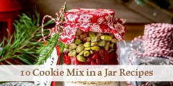 A jar of cookie mix for gifting with text overlay that says 10 Cookie Mix in a Jar Recipes.