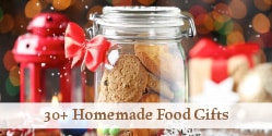 A jar of homemade cookies with test overlay that reads 30+ homemade food gifts.
