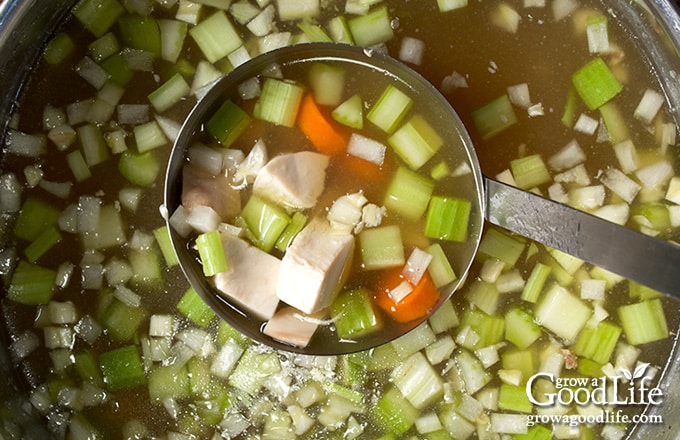 Overhead view of turkey soup cooking in a large saucepot.