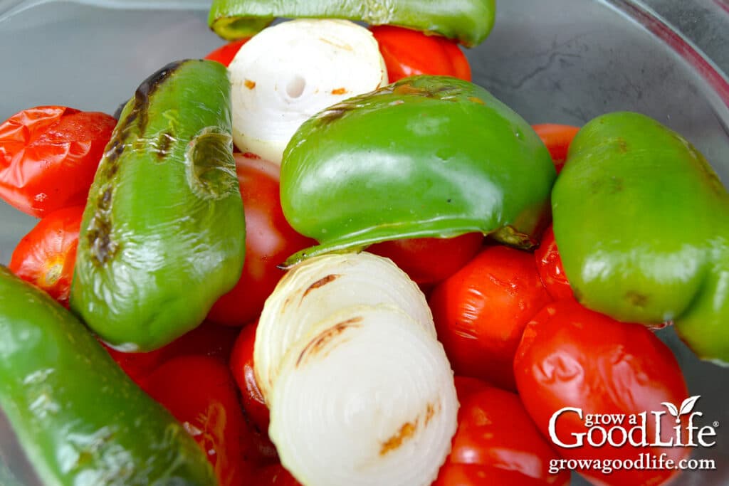 Close up view of roasted salsa vegetables in a bowl.