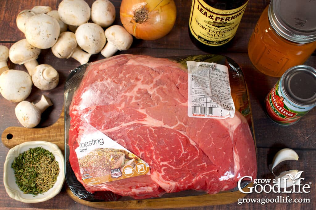 The ingredients for making and canning beef stroganoff meal in a jar.