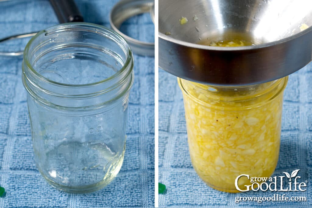 Filling a jar with summer squash relish.