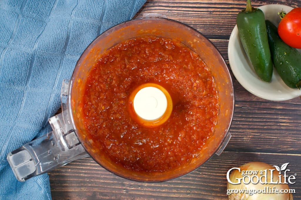 Overhead view of pureed salsa in a food processor bowl.