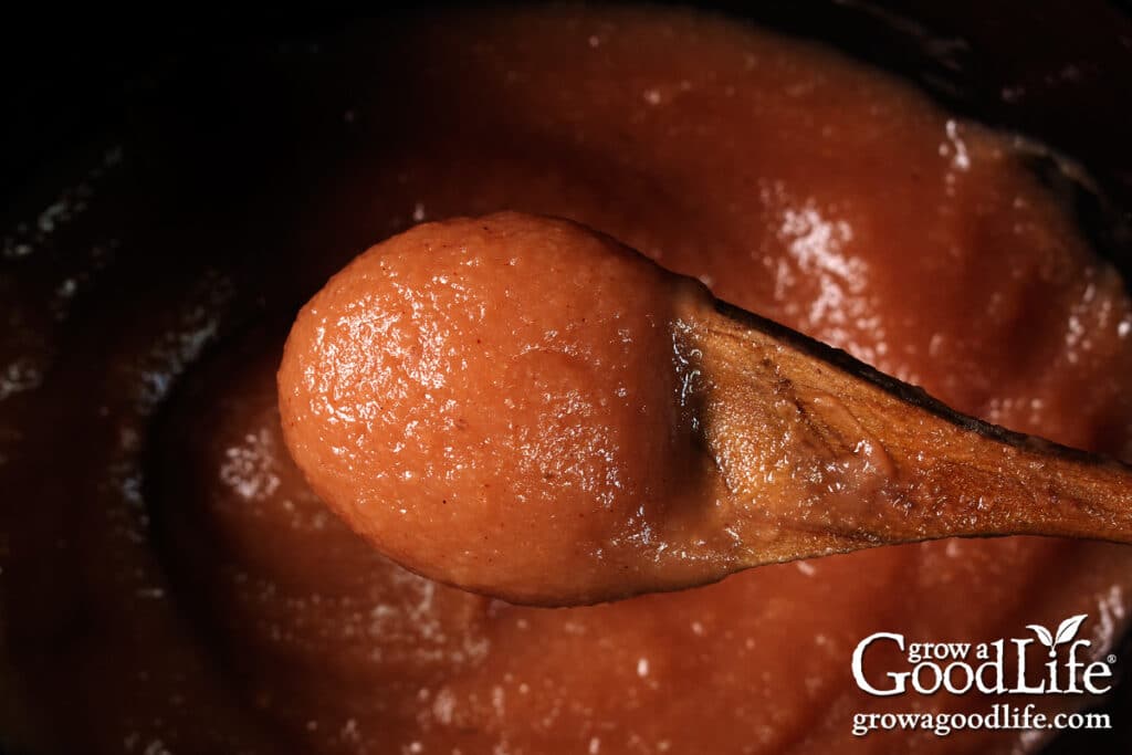 Apple butter mounded on a spoon.