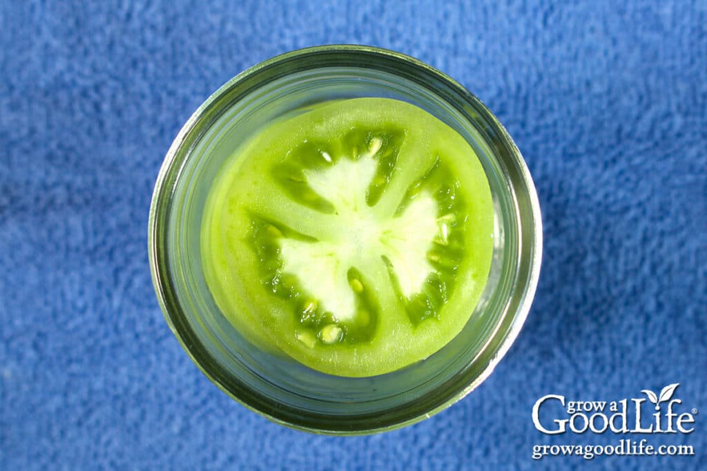 Overhead view of sliced green tomatoes stacked in a jar.