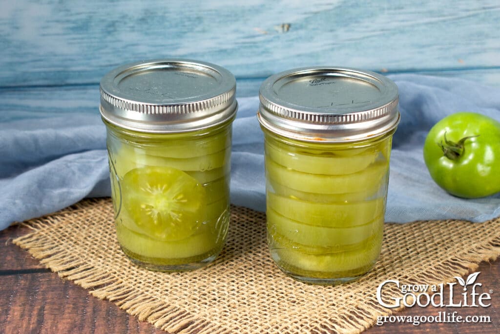 Jars of home canned green tomatoes on a table.