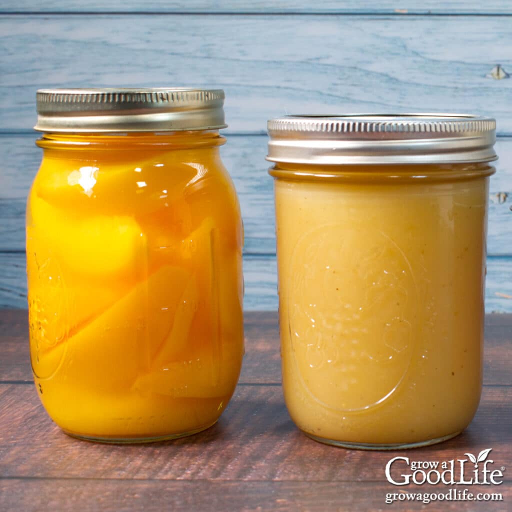Two jars of home canned fruit on a table.