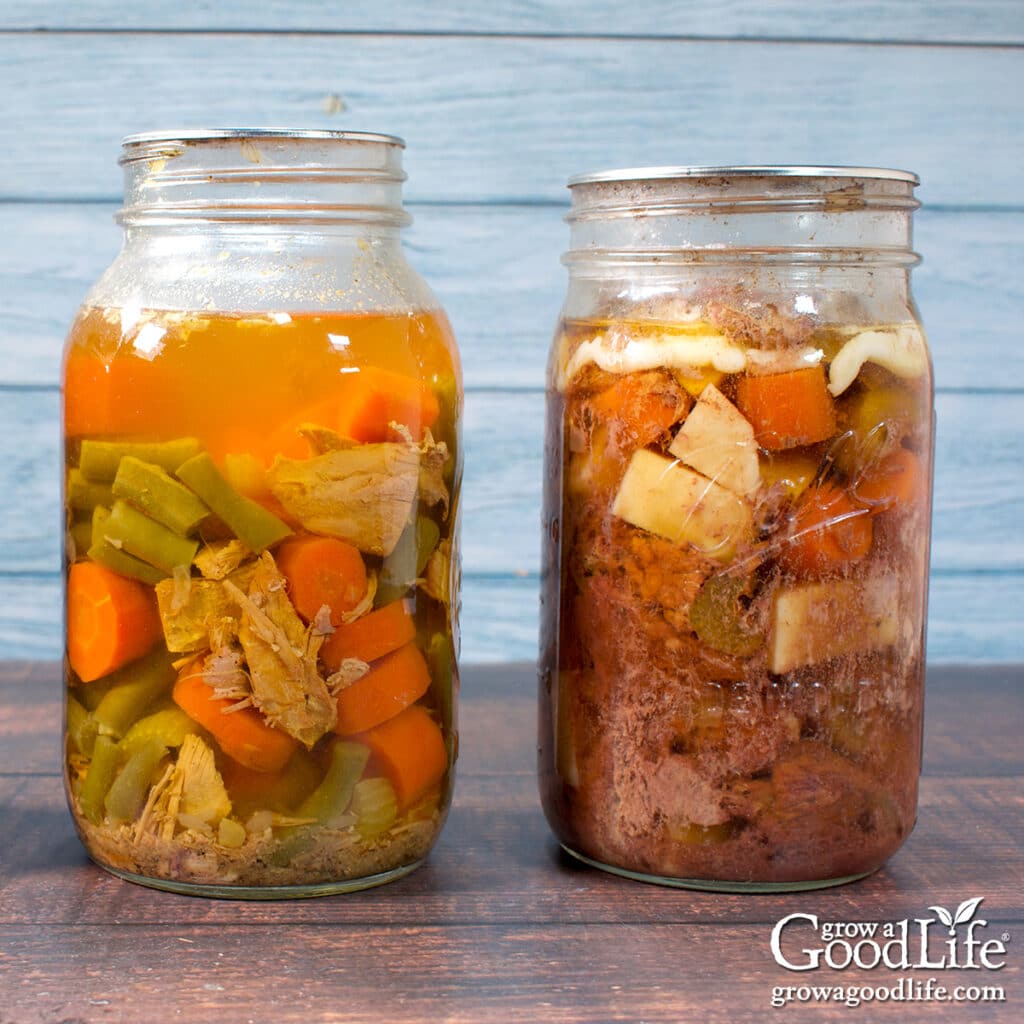 Jars of home canned turkey soup and beef pot roast on a table.