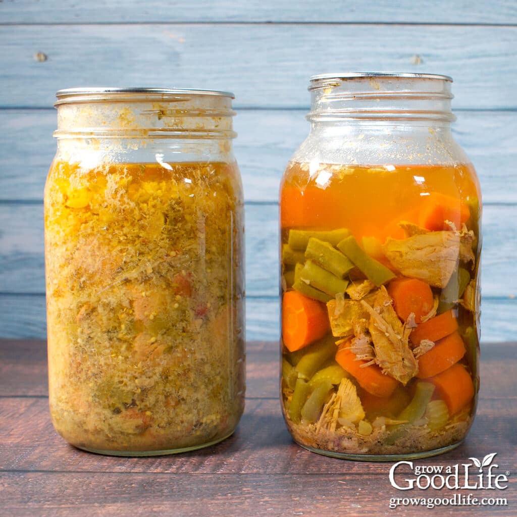 Jars of home canned chicken chili verde and turkey soup on a counter.