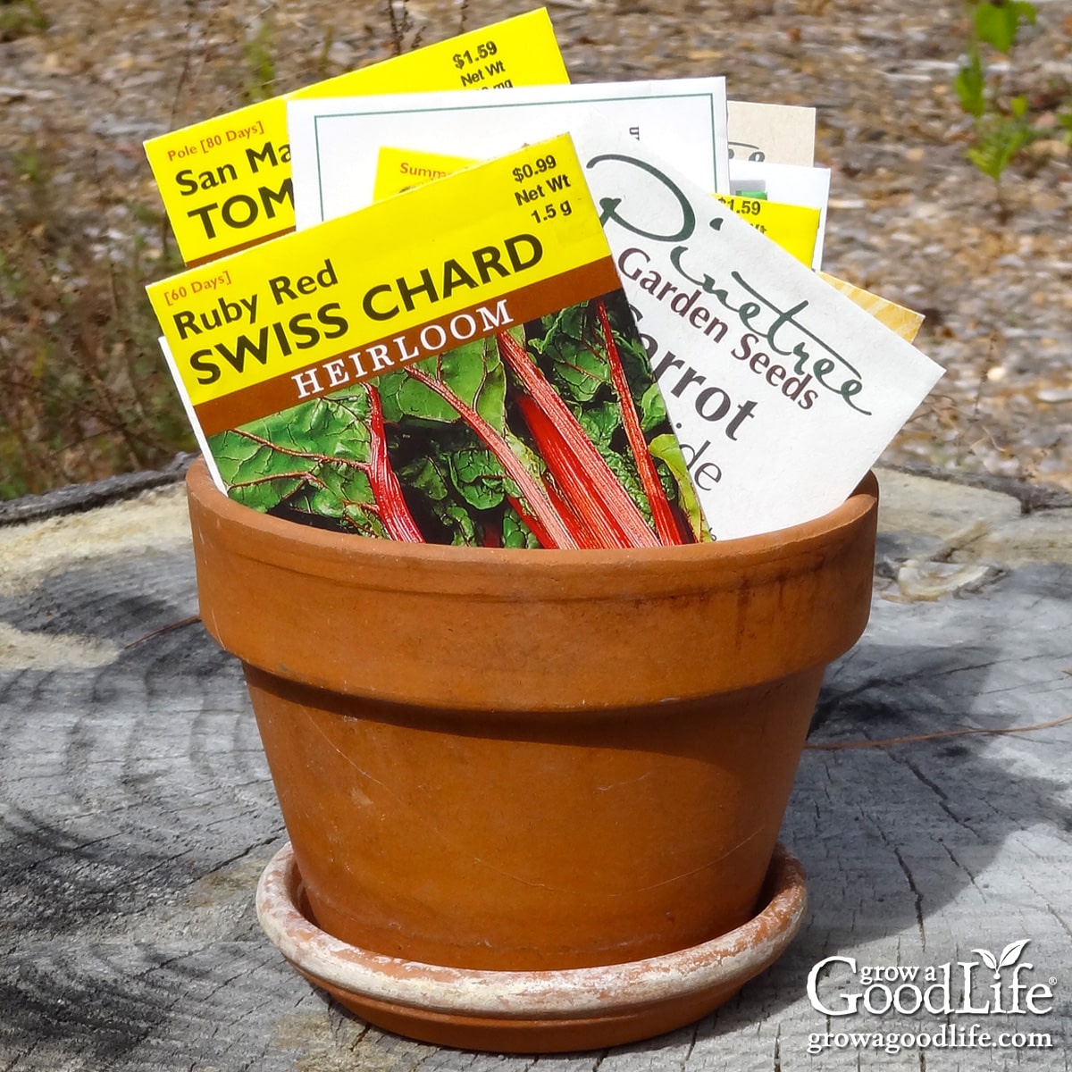 A collection of seed packages in a pot.