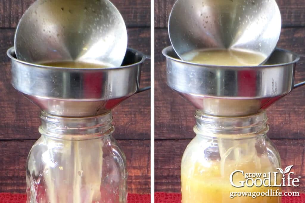 Filling the jar with hot stock.