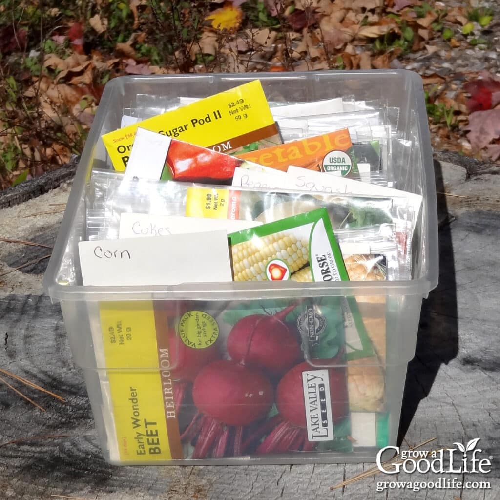 Shoe box seed storage tote filled with colorful seed packages.