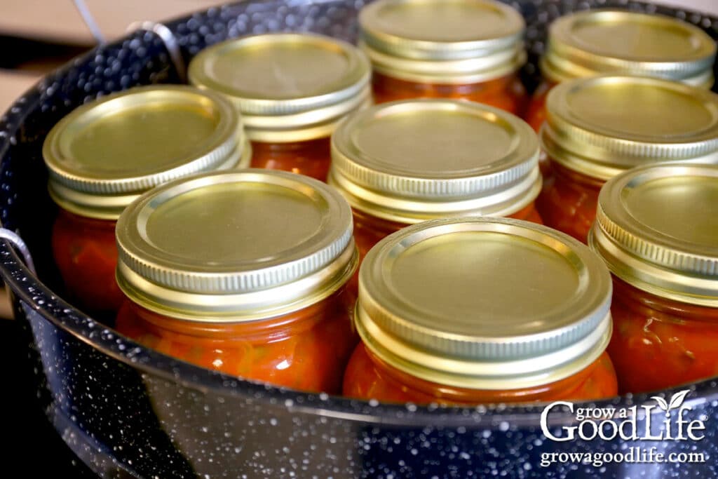 Filled jars on a canning rack in the water bath canner.
