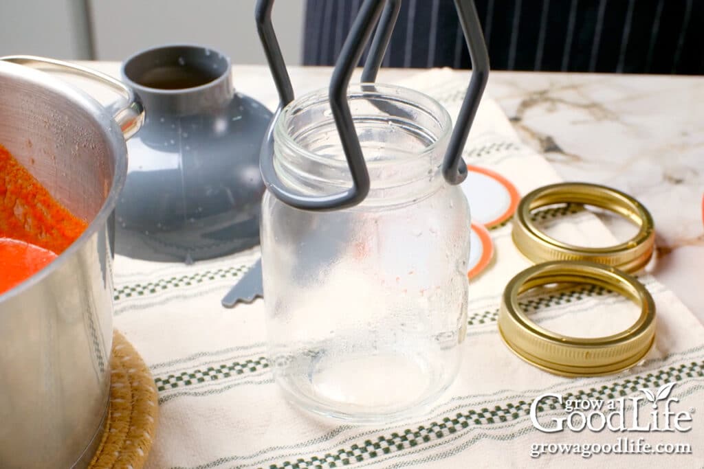 A warm jar removed from the canner ready to fill.