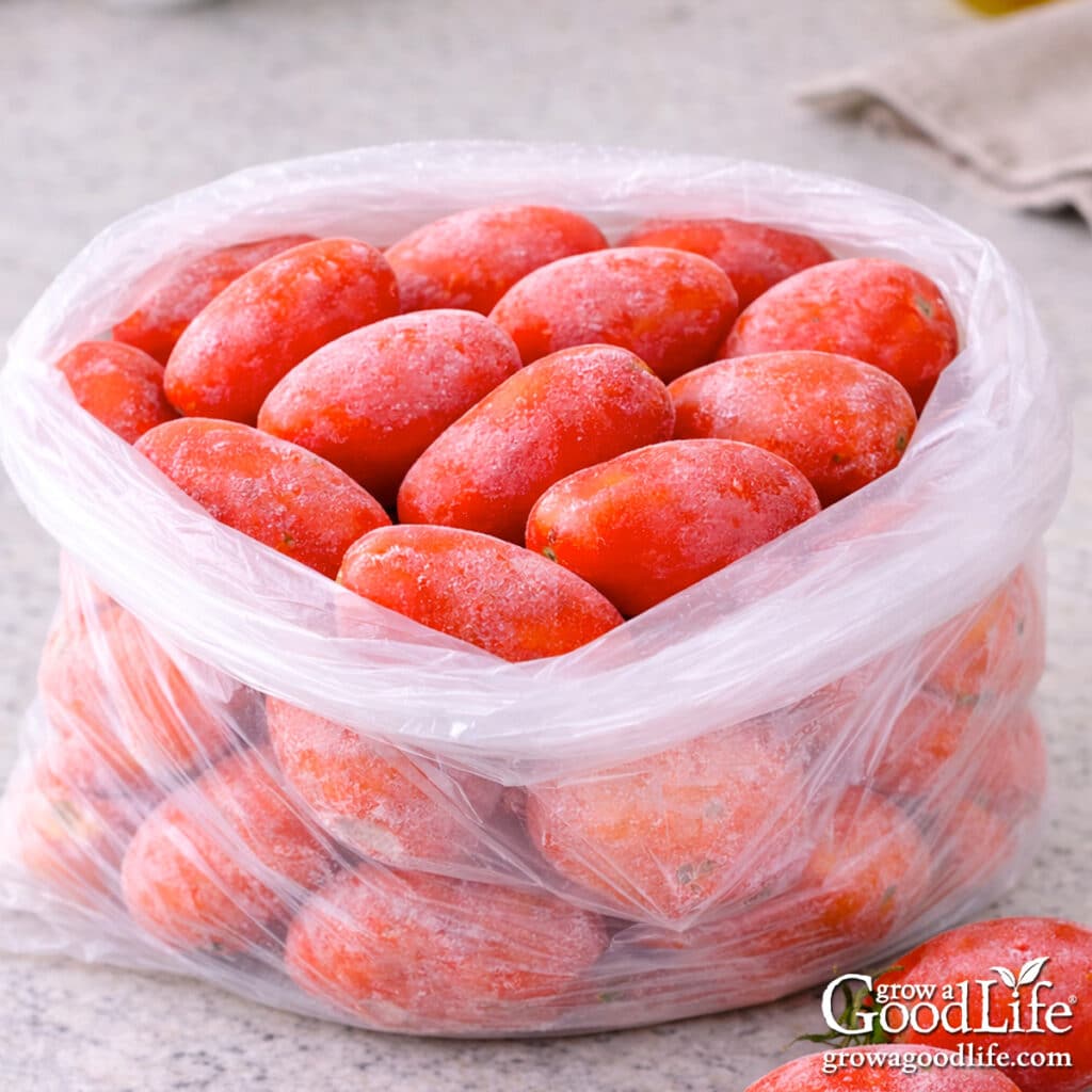 Frozen roma tomatoes in a freezer bag on a kitchen counter.