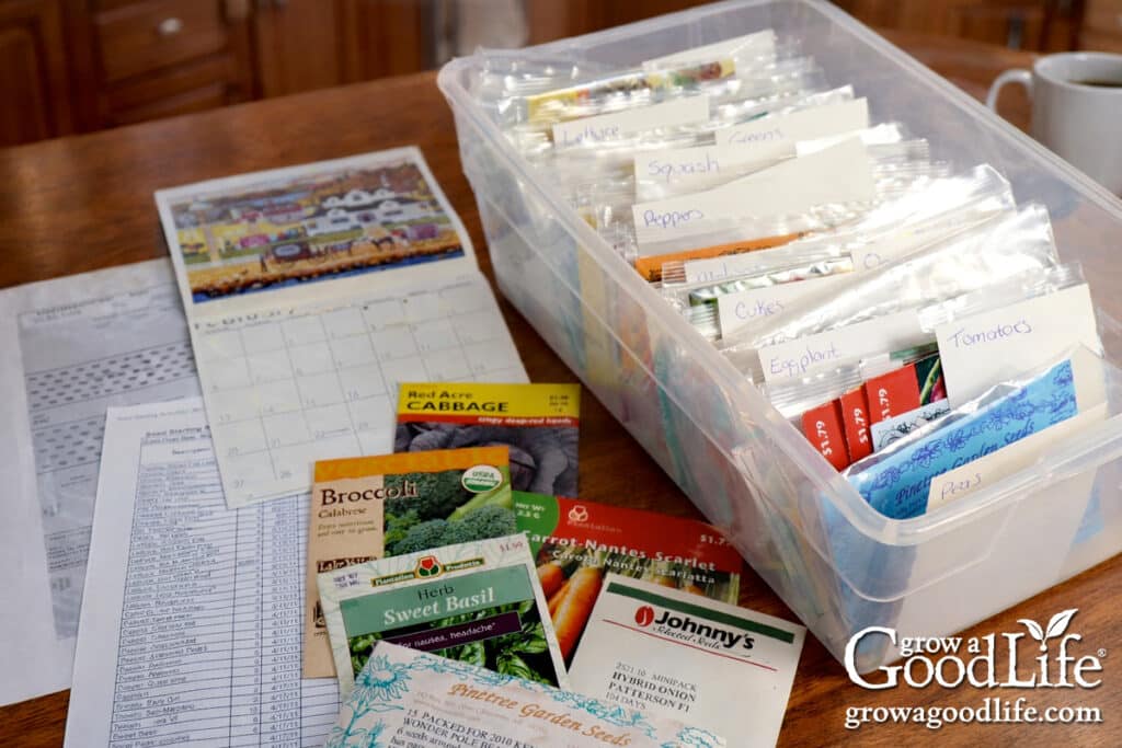 Seed packets and a starting schedule spread out on a cozy kitchen table.