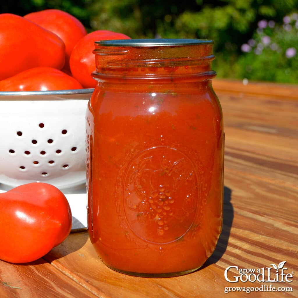 A pint jar of home canned tomato basil sauce on a rustic table with a white bowl of fresh Roma tomatoes in the background.