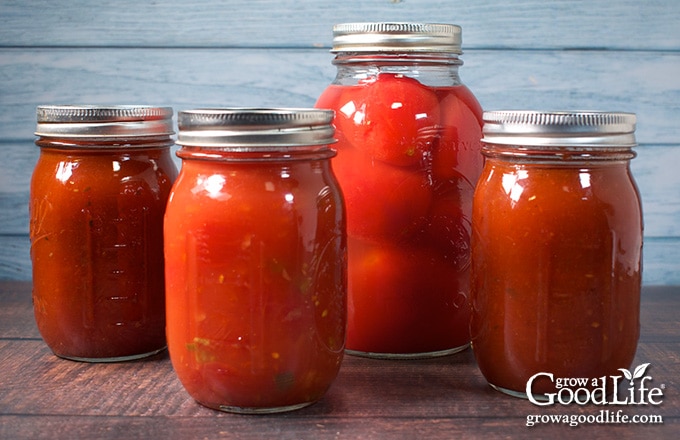 Jars of home canned crushed tomatoes, tomato juice, or tomato puree lined up on a counter.